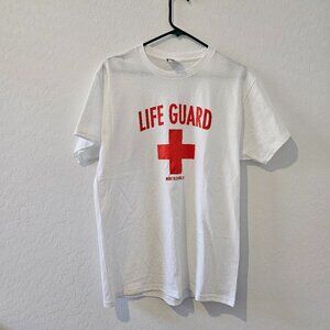 Men's Lifeguard Graphic Print White Tee Shirt Crew neck, Short Sleeves Sz Medium